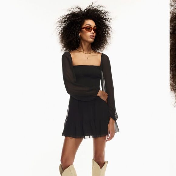 Aritzia‎ Wilfred Women’s S Temptest Smocked Chiffon Mini Dress Black Whimsigoth - Picture 1 of 10